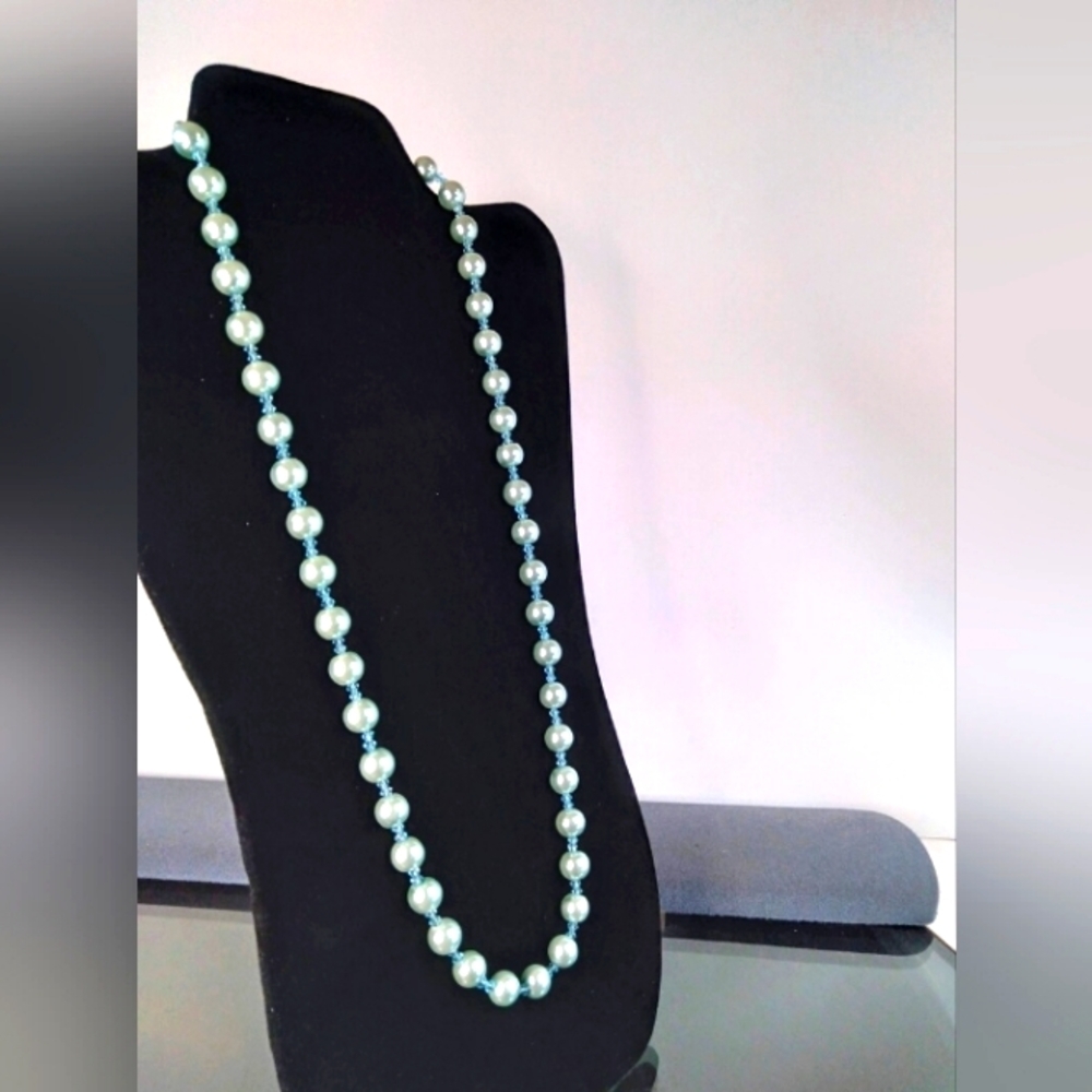 Handmade strung glass blue pearl looking beads necklace